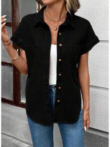 Women's Button Down Denim Shirt Collared Short Sleeve Jean Shirt Blouse With Pockets - màu xanh đậm - Xem 11