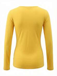 美式性感V领长袖T恤，修身腰部设计 - 黃色 - 查看 9