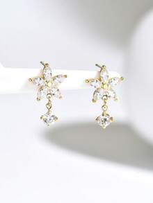 1 Pair Luxury Floral Zirconia Pendant Earrings, Unique Elegant Earrings Suitable For Women's Banquet, Party, Daily Wear, Holiday Gift - Earring - View 4
