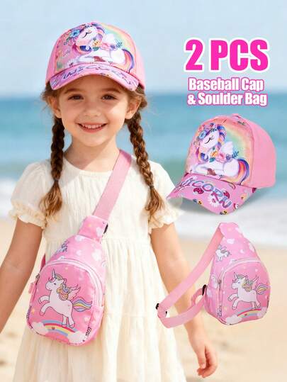 2pcs/Set Kids Unicorn Baseball Cap And Crossbody Bag Set, Soft Breathable Fabric, Suitable For Casual, Outdoor Play, And School Wear