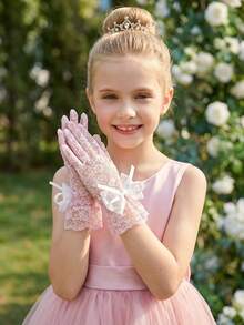 1 Pair Girls' Bubble Bow Lace Gloves, Pink, For Ages 4-12 Years - 1Pair - View 3