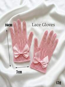 1 par de luvas infantis elásticas com estampa quadriculada e laço decorativo, tamanhos de 4 a 12 anos, rosa. - 1Pair - Ver 12