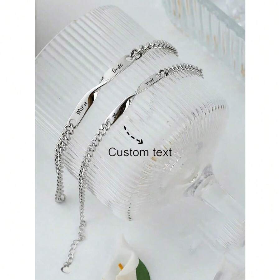 2pcs Customized Stainless Steel Couple Bracelets Set, Men&Women Bracelet, Personalized Names & Anniversaries, Valentine's Day Gift, With Gift, Boyfriend And Girlfriend Promise Mobius Bracelets For Anniversary,School Supplies - Multicolor - View 1