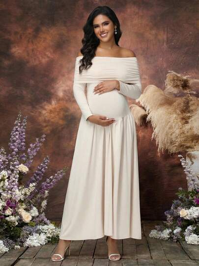 Irresista 孕妇露肩长袖纯色连衣裙秋冬孕妇长裙适合婴儿洗礼派对，性别揭示