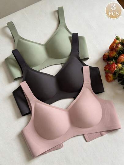 3件套简约舒适女士运动文胸，无钢圈，纯色