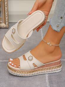 女士加大码 36-43 夏季绳底厚底拖鞋，日常穿着，增高，白色、黑色、米色，女士坡跟厚底凉鞋 - 特級米色PU - 查看 5