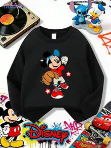 1pc Disney Mickey Mouse Retro Graffiti "Baseball Vibes" Graphic Tween Boys Cool Sweatshirt (Cozy & Versatile) - Perfect For School Days, Hangouts, And Urban Street Outfits - Black - View 4