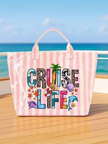 Pvc Striped Tote With "Cruise-Life" And Marine Life,Large Capacity Lightweight Handbag With Vertical & Horizontal Stripes | Multifunctional Commuter Travel,Fashiona Casual Pvc Striped Tote Bag, Heavy-Duty Durable Handbag, Fixed Shoulder ,Women's Large Capacity Shopping Bag Tote Bag, Suitable For Commuting And Travel Storage Bag, Suitable For Shopping, Stylish Casual Handheld Shoulder Purse - Multicolor - View 5