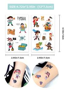 12 Folhas de Tatuagens Temporárias de Piratas, Adesivos de Tatuagem Impermeáveis de Canhão, Pólvora, Jake Capitão Neverland, Suprimentos e Lembrancinhas para Festa de Aniversário de Piratas, Duram de 2 a 5 dias - Multicolorido - Visão 10