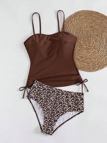 Chic Ribbed Tankini Set With Floral Print Bottoms - High Stretch, Non-Transparent, Machine Washable - Women's Fashion Swimwear - Mocha Brown - View 6