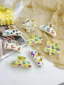 1个/3个/8个 花卉印花休闲ABS塑料卡通猫咪造型发夹，可爱小猫咪发爪，适合盘发 - 彩色 - 查看 12