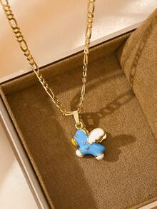 1pc Copper Inlaid Zirconia Elegant Cartoon Enamel Crafted Cute Blue Pendant Necklace, Suitable As Gift For Girls/Boys/Family/Friends, Multifunctional, Luxury, Party, Banquet, Holiday, Christmas, Thanksgiving, Halloween - Yellow Gold - View 4