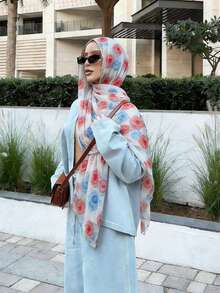 1 Peça Hijab Feminino com Estampa Floral em Aquarela, Lenço Versátil Macio e Respirável, Design Floral em Aquarela Bicolor Premium, Adequado para Uso Diário - Multicolorido - Visão 1