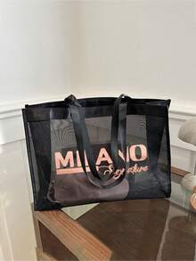 MILANO 经典网眼手提袋及收纳袋套装，黑色透明网眼手提袋，饰以玫瑰金印花图案，大容量手提袋+便携收纳袋，适合海滩、可重复使用购物、沙滩用品、杂货收纳，是时尚爱好者、海滩游客、通勤族、送礼佳品的理想之选，非常适合海滩旅行、夏季度假、日常出行和购物。 - 彩色 - 查看 6