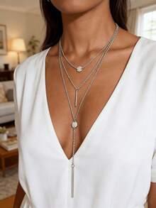 1pc Fashionable Multi-Layer Chains Long Necklace,Valentine's Day Gifts - 銀色 - 查看 1