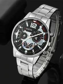 3pcs Luxury Men's Silver Watch Set, Including Silver Stainless Steel Metal Band Multi-Function Black Dial Quartz Watch, Cross Long Chain Necklace, And Black PU Leather Wallet - Silver - View 2