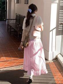 甜美女孩粉色格子高腰A字中长裙，夏季青春泡泡裙 - 粉色 - 查看 4