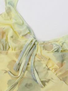 女士波西米亚风露背系带褶皱花卉饰边/荷叶边下摆度假连衣裙优雅派对 - 鵝黃色 - 查看 9
