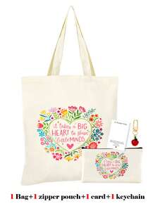 10/5/4/2pcs/1pc/Set Teacher Themed Canvas Tote Bag, Shopping Bag, Zipper Pouch, Appreciation Card, Apple Keychain Canvas Gift Set, Suitable For Back To School, Graduation, Teacher's Day, Multi-Purpose Shopping Bag, Book Bag, Stationery Pouch Set, Portable For SPA, Party, Gym, Travel, Cosmetic Organizer - Beige - View 46