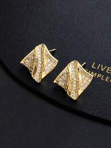 一对优雅的925纯银不对称波浪方形立方氧化锆耳钉，时尚日常佩戴的女士首饰，适合作为周年纪念/派对礼物 - 耳環 - 查看 6