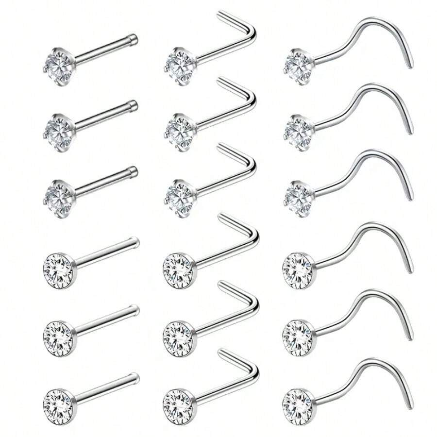 Set de 18 piezas de mini pendientes de nariz de circonita cúbica y 20G anillos de nariz de acero inoxidable, set de joyas para la nariz - color acero - Ver 1