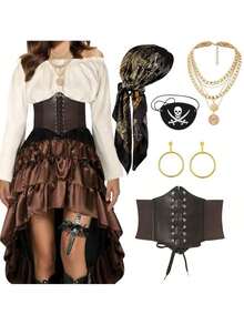 5件套海盗主题装扮套装，角色扮演套装，仿真海盗服套装，包括（一条棕色腰带，一条黑色头巾，一副耳环，一个眼罩，一条项链），适合万圣节活动、角色扮演、派对、舞会、聚会和其他场合。 - 彩色 - 查看 7