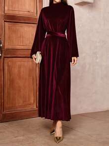 Women's Elegant Dignified Velvet Collar Waist Slimming Flared Sleeve Arabic Style Dress With Belt, Quick Ship - Burgundy - View 4