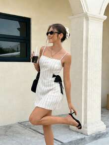 Women's Elegant, Slim-Fitting Striped Casual Sundress With Side Tie Detail And Short Skirt. - White - View 1