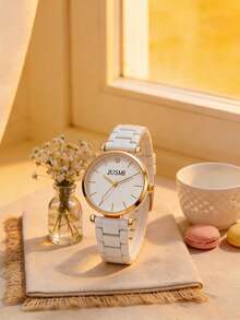 1 pieza/Set Reloj de cuarzo minimalista de línea de diseño fresco y redondo para uso casual y de negocios, transparente, versátil, regalo ideal para vacaciones - Dorado - Ver 7