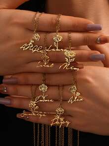 12 Birthday Flowers, Birthday Necklace, Personalized Customized Flowers+Name, 18k Gold Stainless Steel Customized Jewelry Necklace, Comes With Exquisite Gift Box, Used As Birthday Gift Box, Valentine's Day Gift, Commemorative Item. - Gold - View 2