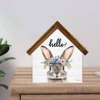 1/3件装木制房屋形状装饰品，兔子戴着花环，非常适合作为复活节餐桌装饰、玄关装饰、办公桌装饰以及节日派对礼物。
