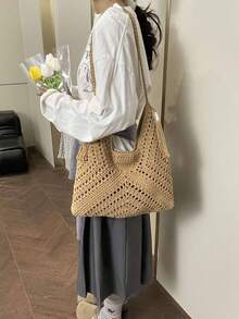 Retro Handwoven Straw Tote Bag, Beach Vacation Woven Bag, 2026 New Arrival - Khaki - View 6