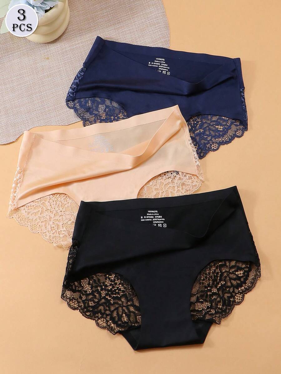 3pcs/Set Celana Dalam Wanita Seksi Warna Polos dengan Hiasan Renda dan Bahan Sutra Warna Es - MultiWarna - View 1
