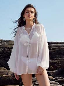 Áo khoác ngoài bikini bằng chiffon xuyên thấu màu trơn gợi cảm dành cho nữ. - trắng - Xem 4