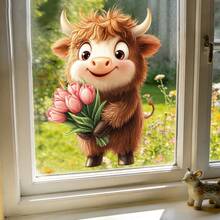 1/4 Set di adesivi per finestre primaverili con animali, conigli carini, mucche delle highlands, scoiattoli con tulipani e girasoli, decorazioni statiche per vetri, decorazione per il soggiorno - Multicolore - Visualizzare 8