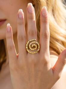 Mazuer 1pc Vintage Textured 18K Gold Plated Stainless Steel Spiral Adjustable Ring, Women Daily Personalized Accessory - Yellow Gold - View 1