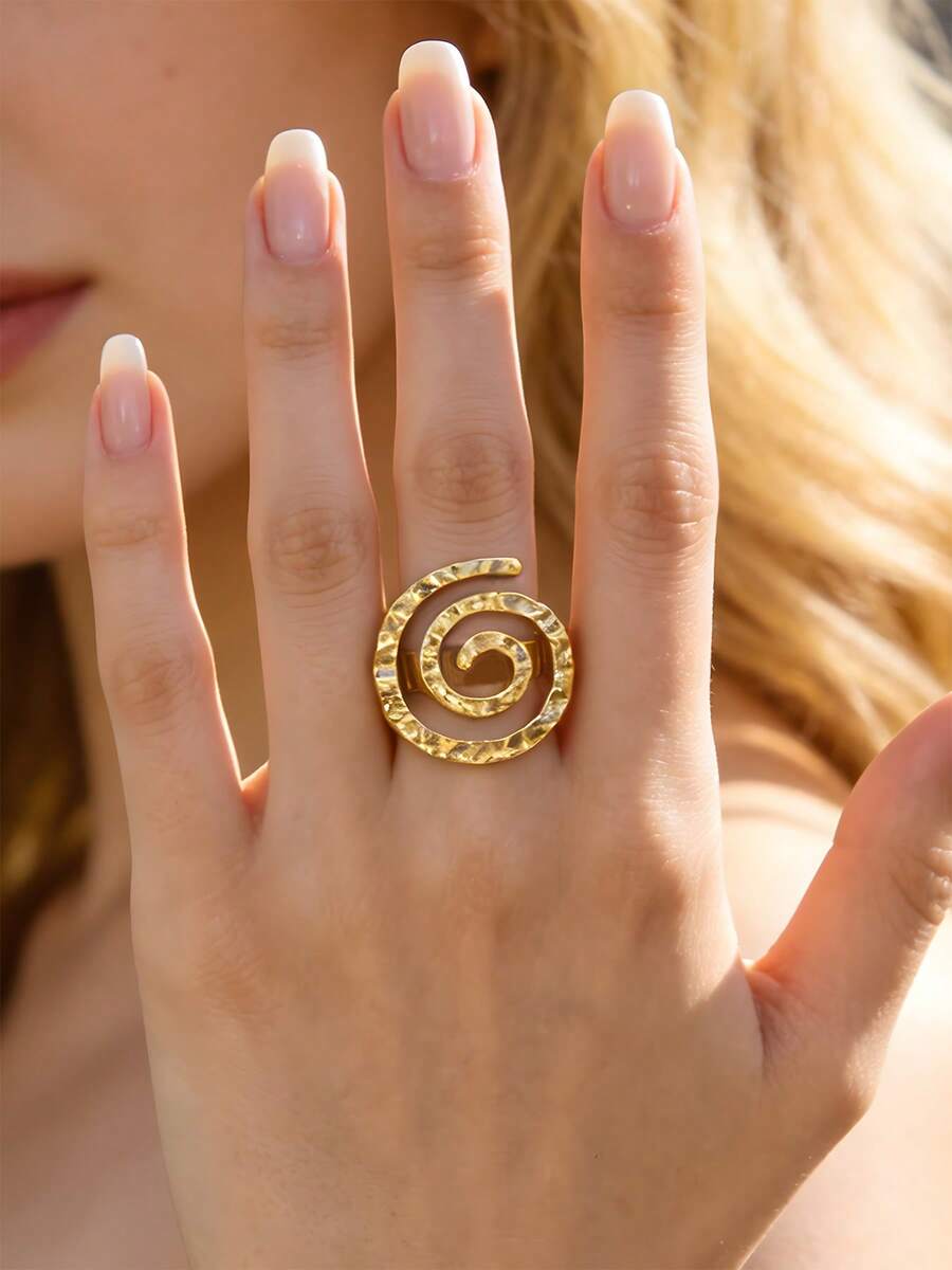 Mazuer 1pc Vintage Textured 18K Gold Plated Stainless Steel Spiral Adjustable Ring, Women Daily Personalized Accessory - Yellow Gold - View 1