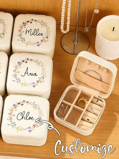 Customizable Last Name Floral Jewelry Box | Beige And White Travel Storage Box With Zipper Closure And Fabric Lining, Perfect For Bridesmaid Proposal Gifts Or Couples' Souvenirs, Elegant Design, Jewelry Box, Featuring A Comfortable Faux Leather Surface And A Soft Lining To Protect Jewelry. It Has Multiple Compartments For Organizing Rings, Necklaces, And Earrings, Making It An Ideal Jewelry Organizer For Wome,Valentine'S Day Gift