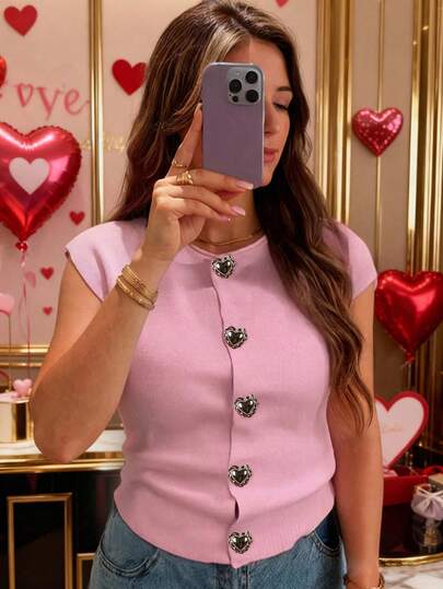 Chaleco de punto para mujer, de estilo primavera/verano, casual, minimalista, elegante, diseño sin mangas de cuello redondo, decoración con botón con forma de corazón, color rosa sólido, estilo para el Día de San Valentín