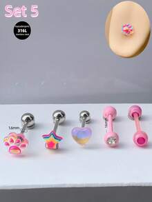 5pcs/Set Cute Sweet Pink Tongue Rings Flower Butterfly Bear Tongue Nail 14G Stainless Steel Star Heart Tongue Stud Tongue Jewelry Strawberry Tongue Barbell Ring Skull Tongue Piercing Jewelry For Women Girls Valentine's Day Gift Party Vacation Daily Wear Piercing Body Jewelry - Pink - View 5