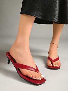 Versatile New Simple Summer Thong Sandals For Women, Kitten Heel Mid Heel Toe Post Glitter Flip Flops, Thin Heel - Burgundy - View 4