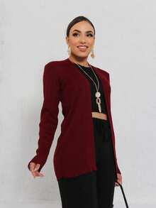 Sarah Ribbed Knit Cardigan Long Sleeve Jacket - Màu Đỏ Sâu - Xem 3