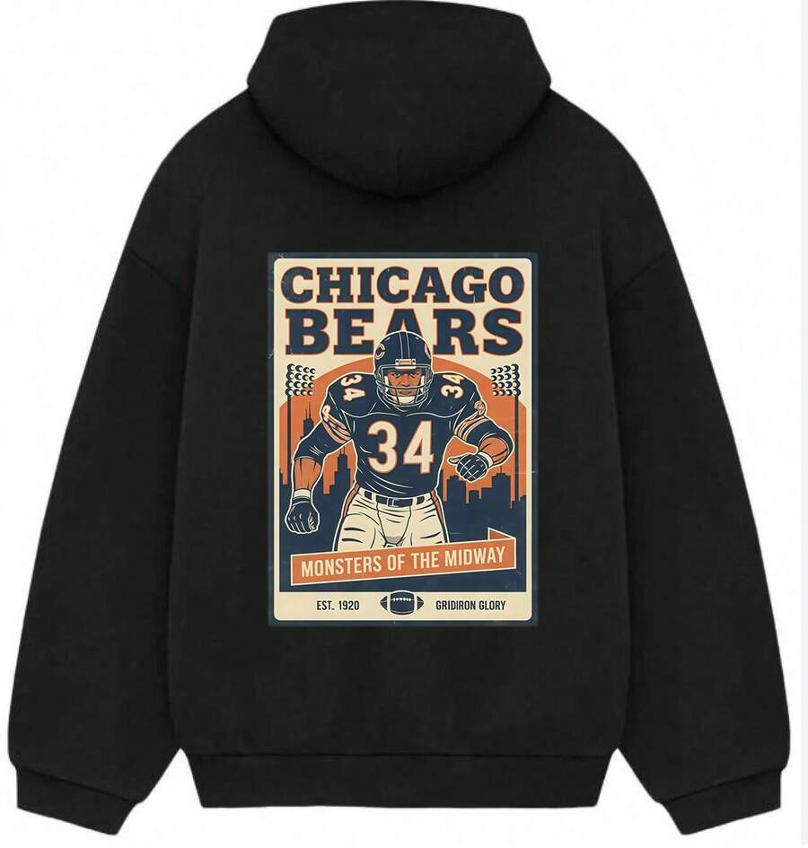 Chicago Football Graphic Hoodie,Unisex Casual Sport Hoodie, Football Fan Gift,Chicago BearsS-XXXL Graphic Hoodie Colorful Graphic Printed Pattern Hoodie, Regular Fit, Inspirational Design, Classic Style Hoodie, Knit Fabric, For Autumn And Winter - 黑色15 - 查看 1