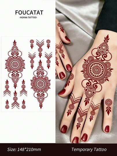 1pc Hand Flower Design Tattoos In Brown, Maroon Colors Henna Tattoo Stickers For Hand, Finger And Body Art, Suitable For Wedding, Party, Festivals