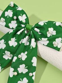 1pc St. Patrick's Day Shamrock Hair Bow For Girls Clover Printed Bow Alligator Clip Large Tail Hair Clip With Faux Pearl Decor Adorable Shamrock Barrettes Delicate St. Patrick's Day Hairpin Teens Hair Accessory ﻿ - Multicolor - View 9