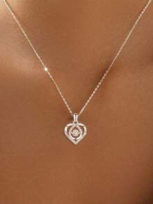 1件S925纯银简约活泼心形项链，百搭精致心形吊坠锁骨链，情人节奢华礼物 - 愛心 - 查看 9