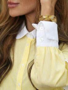 Nueva Camisa Casual de Manga Larga a Media Altura con Patchwork, Color Contrastante, Botones, Volantes y Rayas, Elegante y de Moda, Amarillo - Amarillo - Ver 4