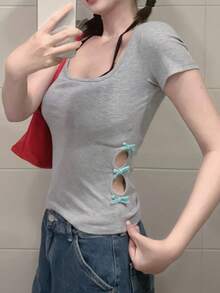 Women's Hollow Out Bow Tie Short Sleeve T-Shirt, Sexy Slim Fit Summer Top - Grey - View 1