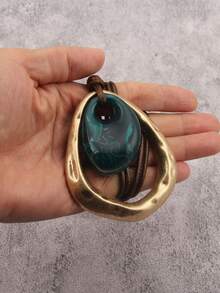 1pc Bohemian Gold & Silver Teardrop Alloy Necklace, Fashion Brown Wax Rope Long Chain, Elegant Resin Choker Necklace, Party Gift, Gift For Girlfriend/Mother - Resin - View 6