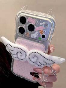 高端水钻白色翅膀星形设计手机壳，全包覆式保护套，兼容 14 Pro Max、16，适合女性，防摔，兼容 15、16 Pro Max。 - 粉色 - 查看 4